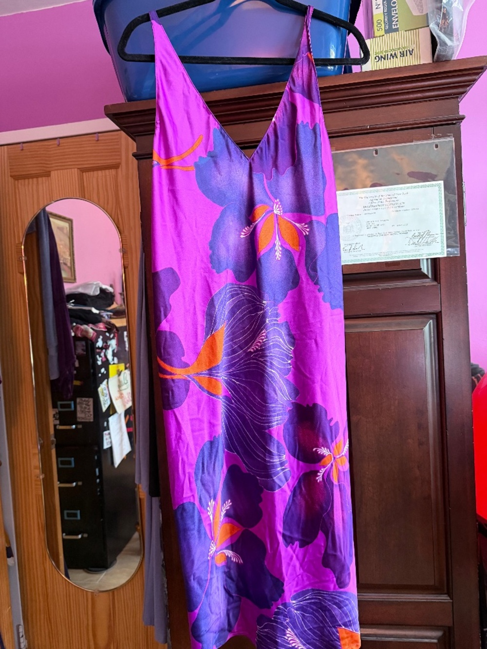Natori Floral Satin Nightgown Slip Dress XL Purple Pink Orange NWOT Hemmed